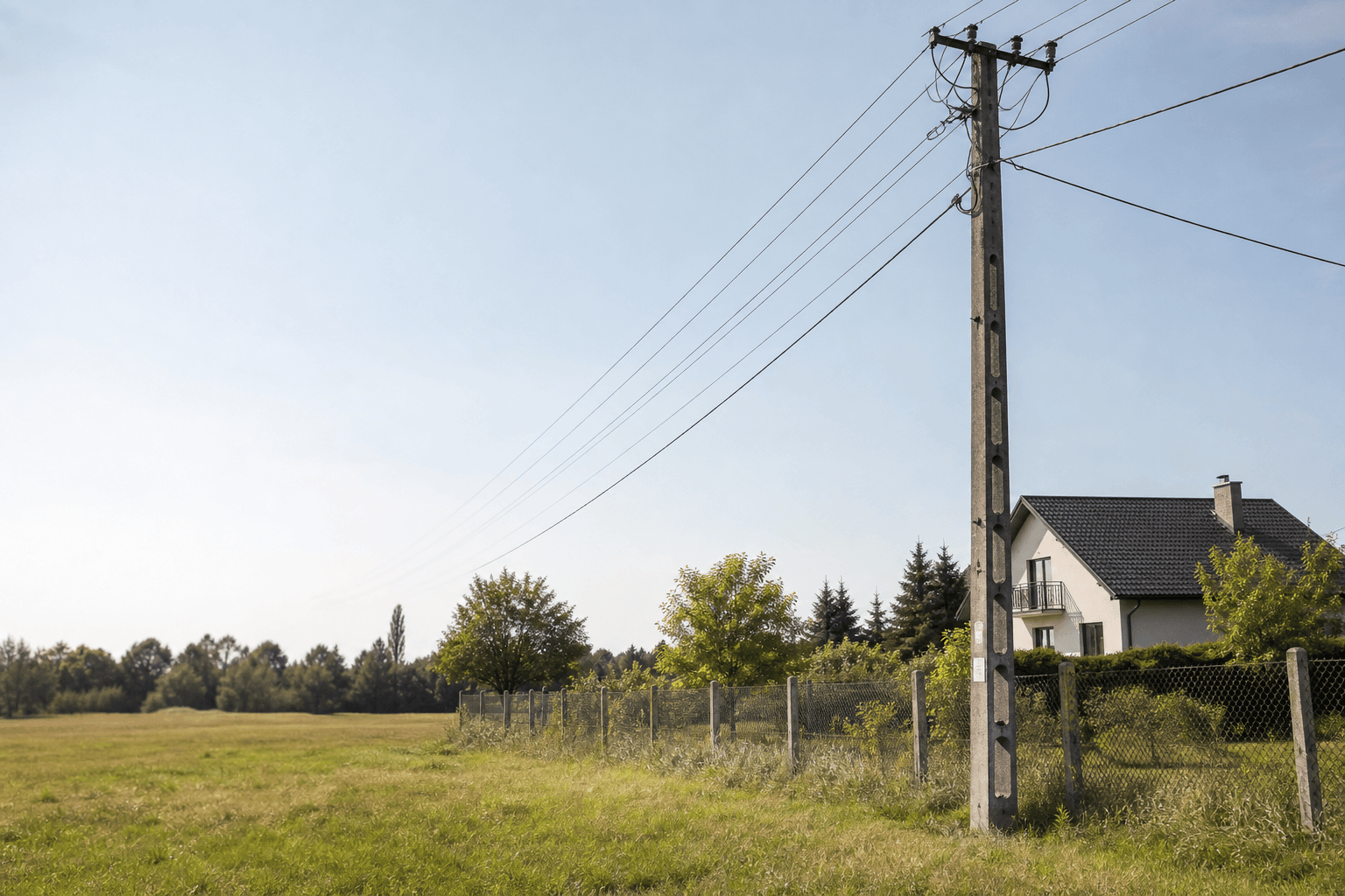 Słup energetyczny i linie przesyłowe na prywatnej działce